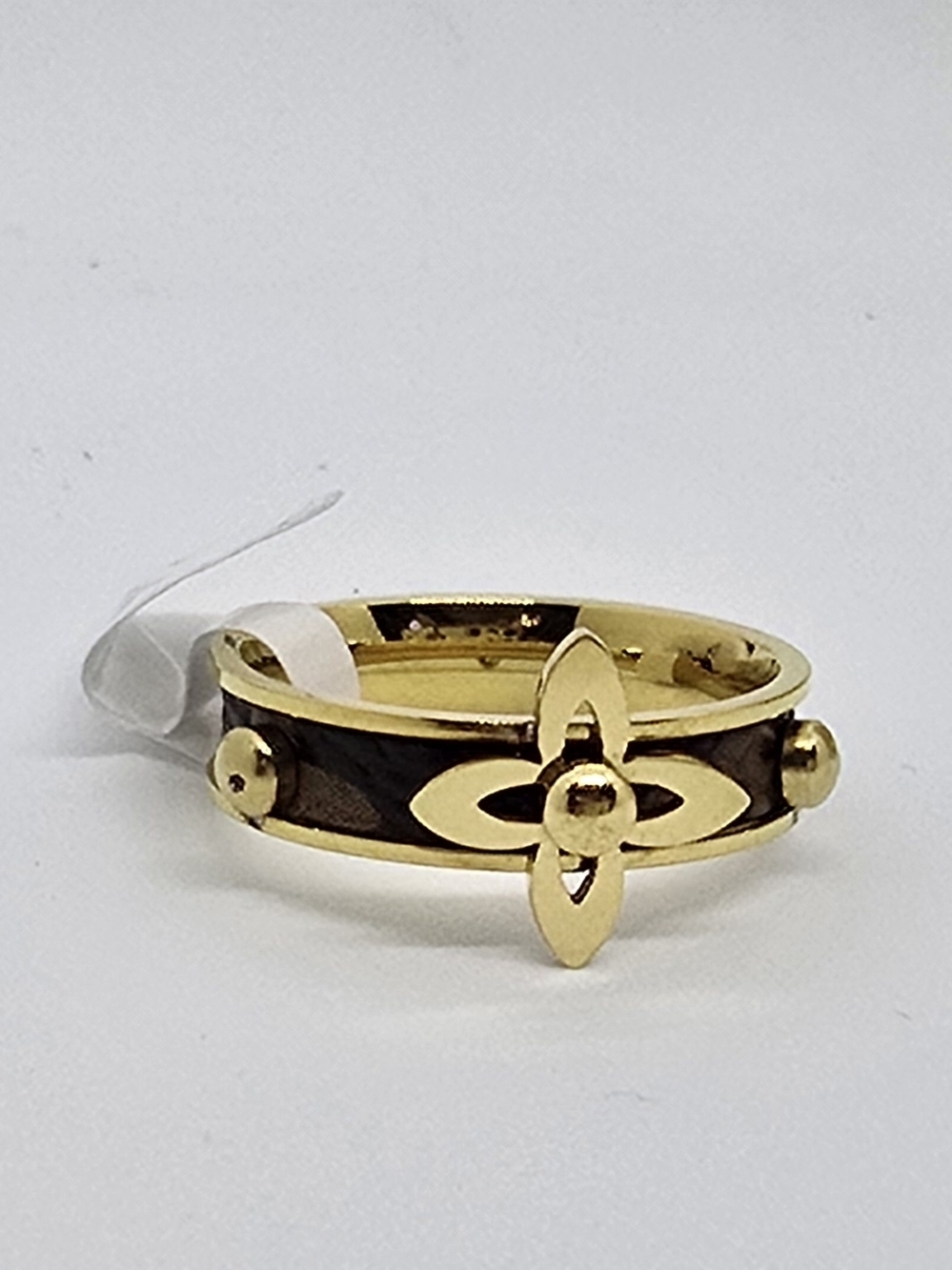 Gold Tone Black Enamel Floral Accent Women's Ring